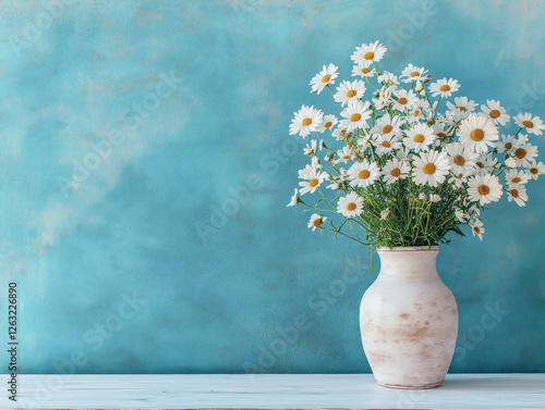 Wallpaper Mural White daisies in rustic vase against blue background Torontodigital.ca