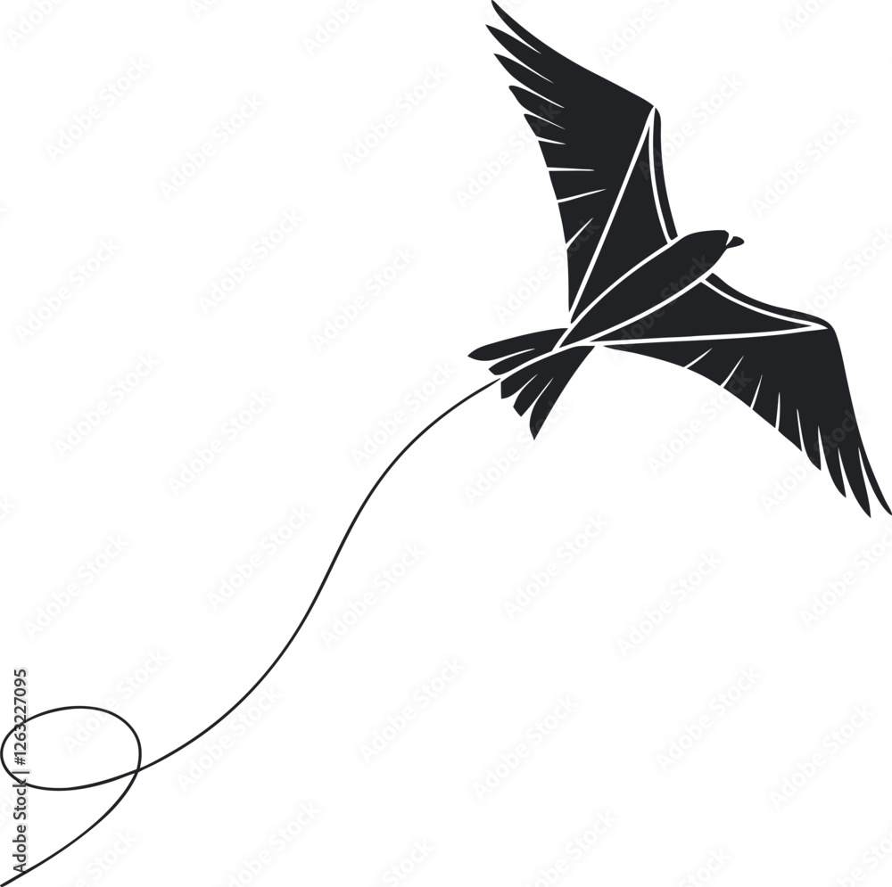 Fototapeta premium Minimalistic Black Silhouette of a Flying Kite | Airborne Adventure, Play, and Freedom Concept Vector Illustration | Hand-Drawn Outdoor Activity Artwork, Symbolizing Joy, Leisure, and Childhood Fun in