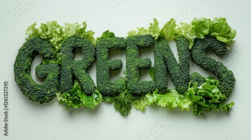 The word "GREENS" formed from fresh leafy vegetables, including kale, broccoli, and lettuce. A concept of healthy eating, vegetarianism, and organic food on a white background.