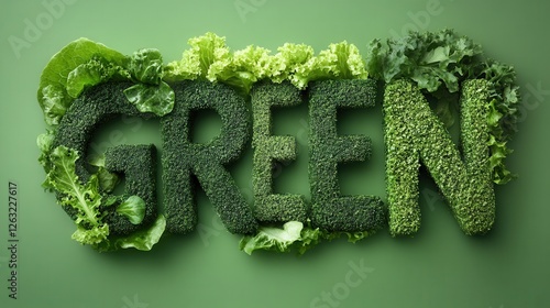 The word "GREENS" made from fresh leafy greens, including lettuce, spinach, broccoli, and  salad. A concept of healthy eating, natural produce, and a plant-based lifestyle.