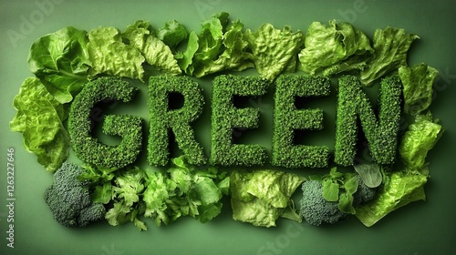 The word "GREENS" highlighted against a background of fresh leafy greens, including kale, lettuce, and spinach. A concept of healthy eating, natural produce, and a vegetarian lifestyle.