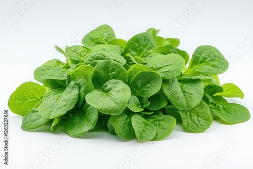 A bunch of fresh corn salad with small leaves on a white background. A natural product rich in vitamins and antioxidants, perfect for salads, healthy eating, and detox diets.