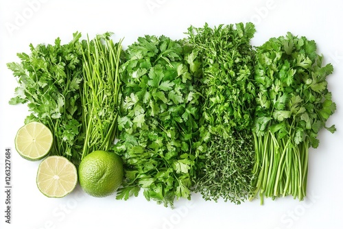 A variety of fresh greens, including cilantro, parsley, thyme, and lime, on a white background, top-down view. Natural ingredients for cooking, sauces, salads, and healthy eating.