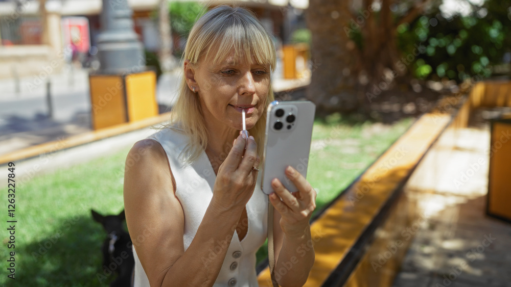 Woman applying lipstick using smartphone as a mirror, sitting in an outdoor park on a sunny day in a city with a blurred urban background and green grass Woman applying lipstick using smartphone as a mirror, sitting in an outdoor park on a sunny day in a city with a blurred urban background and green grass