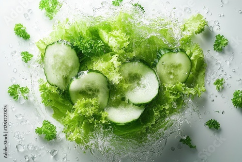 Fresh cucumber slices and leafy lettuce with water droplets on a white background, top-down view. Natural ingredients for salads, detox drinks, and healthy eating.