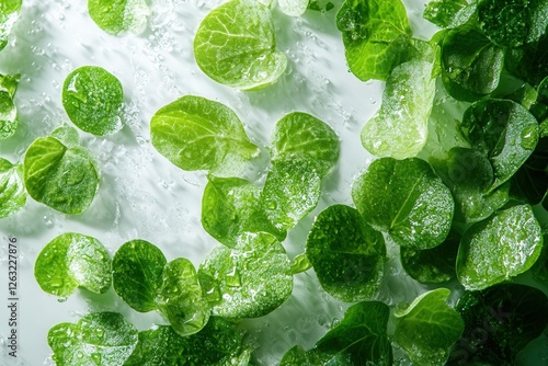 Fresh corn salad leaves with water droplets on a white background, top-down view. An organic product perfect for healthy eating, salads, and detox diets. Natural ingredients for nutritious meals.