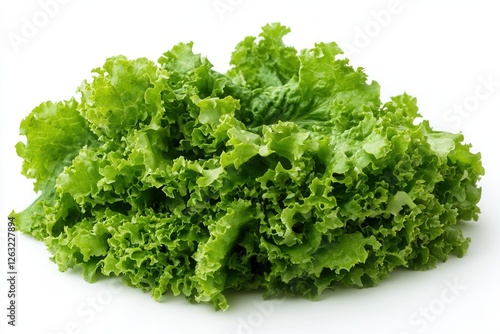 A bunch of fresh green curly lettuce on a white background. A natural organic product, rich in vitamins, perfect for salads, healthy eating, and cooking.