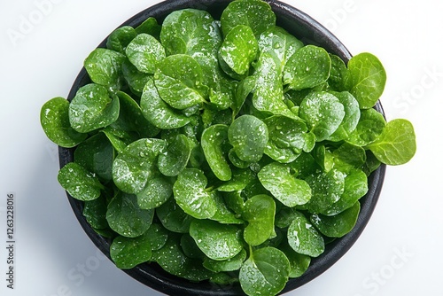 Fresh corn salad in a black bowl with water droplets on a white background. An organic product rich in vitamins, perfect for healthy eating, salads, and detox diets.