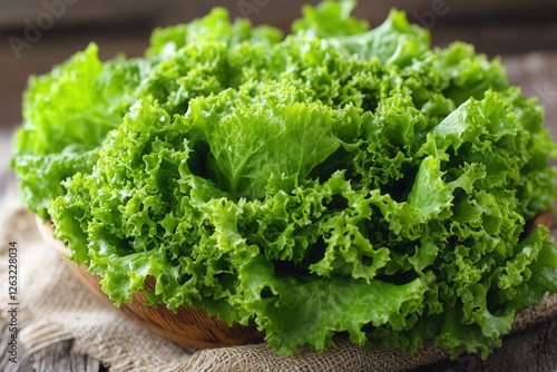 A bunch of fresh leafy lettuce in a wooden bowl on a rustic background. A concept of healthy eating, organic produce, and natural plant-based food for a dietary lifestyle.