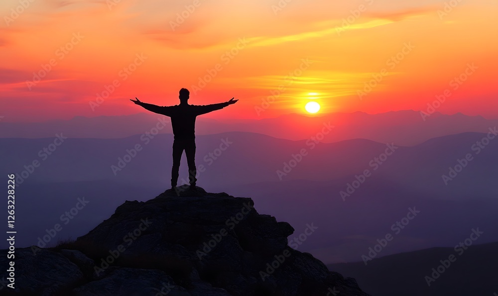 Silhouette of a person with arms outstretched against a vibrant sunset backdrop mountain range Silhouette of a person with arms outstretched against a vibrant sunset backdrop mountain range