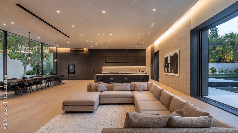 Modern open living room with a sleek L-shaped sofa, an integrated kitchen island, and subtle recessed lighting Modern open living room with a sleek L-shaped sofa, an integrated kitchen island, and subtle recessed lighting