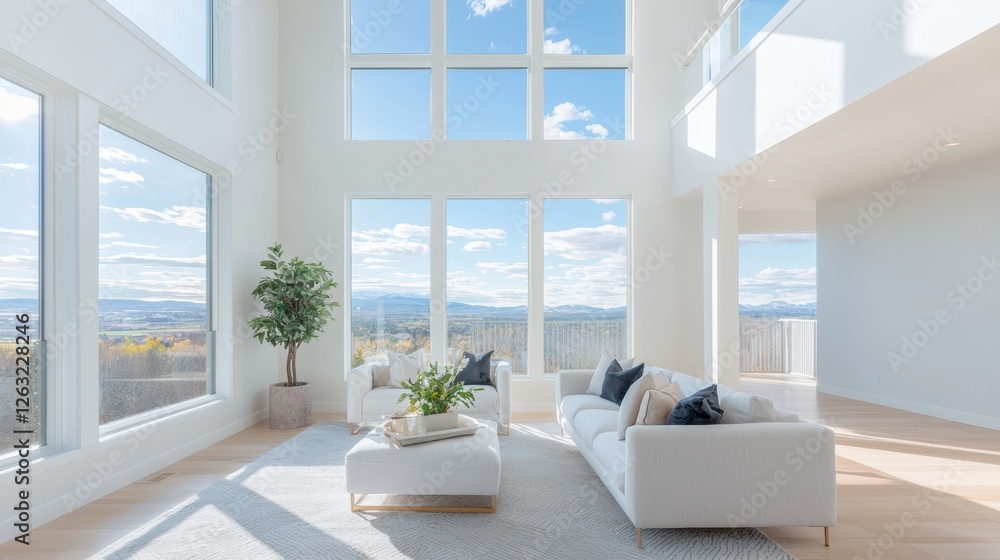 Naklejka premium A spacious living room bathed in natural light streaming through large windows, highlighting the clean lines of modern furniture and creating a bright and airy atmosphere.