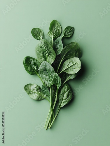 Fresh spinach leaves arranged on a green background. A concept of healthy eating, organic food, and a plant-based diet. Natural ingredients for preparing nutritious meals.