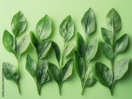 Fresh spinach leaves arranged on a green background. A concept of healthy eating, organic food, and a plant-based diet. Natural ingredients for preparing nutritious meals.