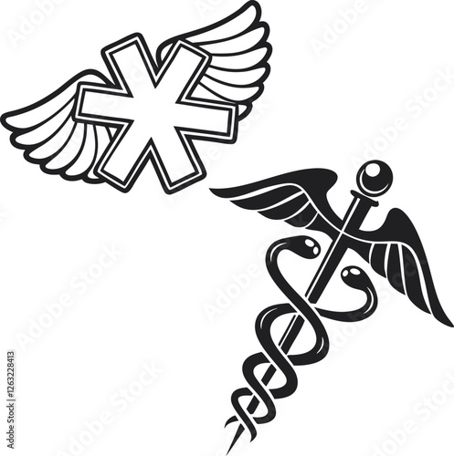 Minimalistic Black Silhouette of Medical Symbols | Healthcare and Medicine Concept Vector Illustration | Hand-Drawn Icons Representing Stethoscope, Caduceus, Heartbeat, First Aid, and Pharmacy for Med
