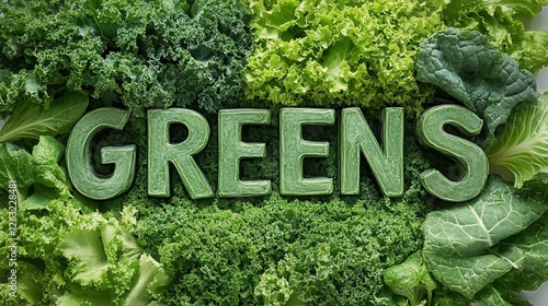 The word "GREENS" highlighted against a background of fresh leafy greens, including kale, lettuce, and spinach. A concept of healthy eating, natural produce, and a vegetarian lifestyle.