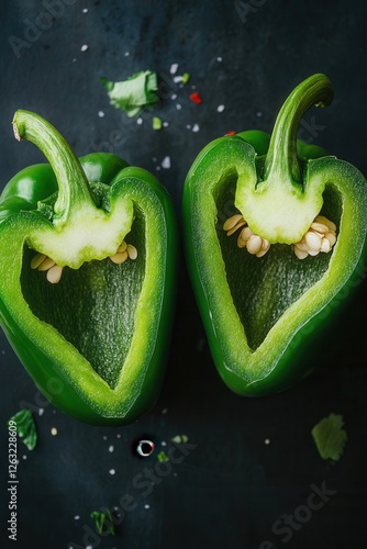 A halved fresh green bell pepper with seeds and salt crystals on a dark surface. A natural ingredient for cooking, healthy eating, and food photography.