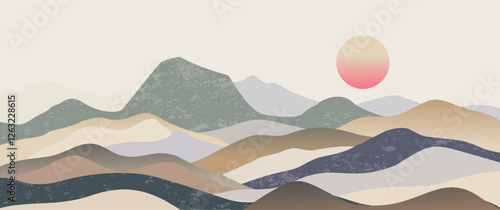 Contemporary abstract mountain landscape rolling hills, soft muted colors, sunrise with layered textures for digital prints, wall decor, posters