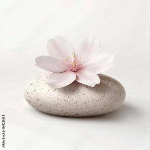 Single sakura petal resting on a smooth stone on a white background