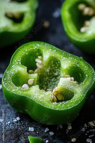 A halved fresh green bell pepper with seeds and salt crystals on a dark surface. A natural ingredient for cooking, healthy eating, and food photography.