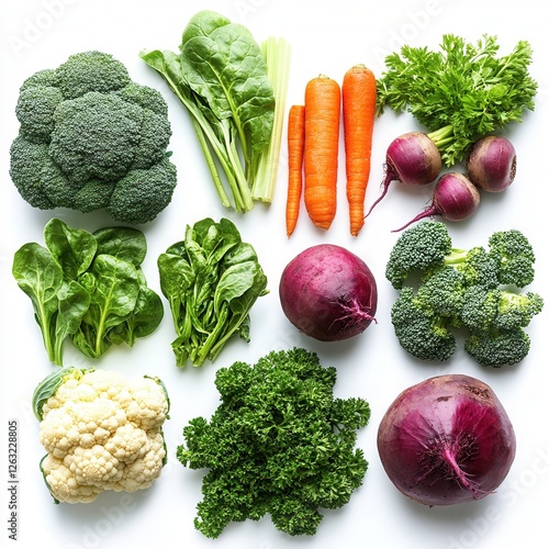 A selection of fresh vegetables on a white background, including broccoli, spinach, carrots, cauliflower, beets, celery, and parsley. Natural organic produce for healthy eating and cooking.