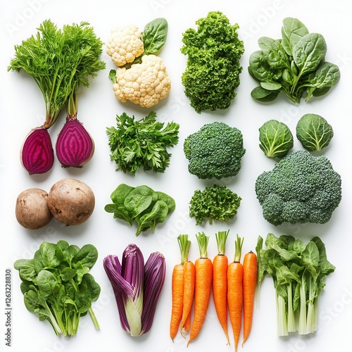 A selection of fresh vegetables on a white background, including broccoli, spinach, carrots, cauliflower, beets, celery, and parsley. Natural organic produce for healthy eating and cooking.