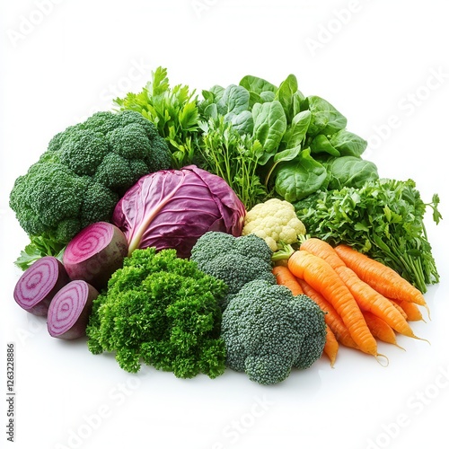 A selection of fresh vegetables on a white background, including broccoli, carrots, red cabbage, spinach, beets, cauliflower, and parsley. Natural produce for healthy eating and cooking.