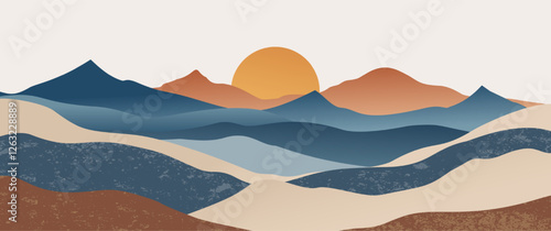 Minimalist mountain range deep blue tones, golden sunset, layered abstract hills with textured artistic style for contemporary prints, posters