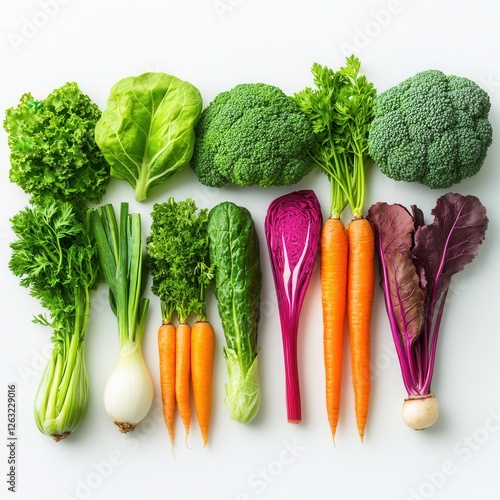 A selection of fresh vegetables on a white background, including broccoli, spinach, carrots, cauliflower, beets, celery, and parsley. Natural organic produce for healthy eating and cooking.