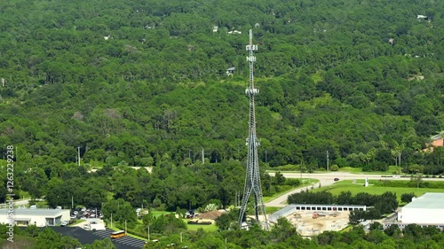Aerial view of telecommunications cell phone tower with wireless communication 5g antennas for network signal transmission