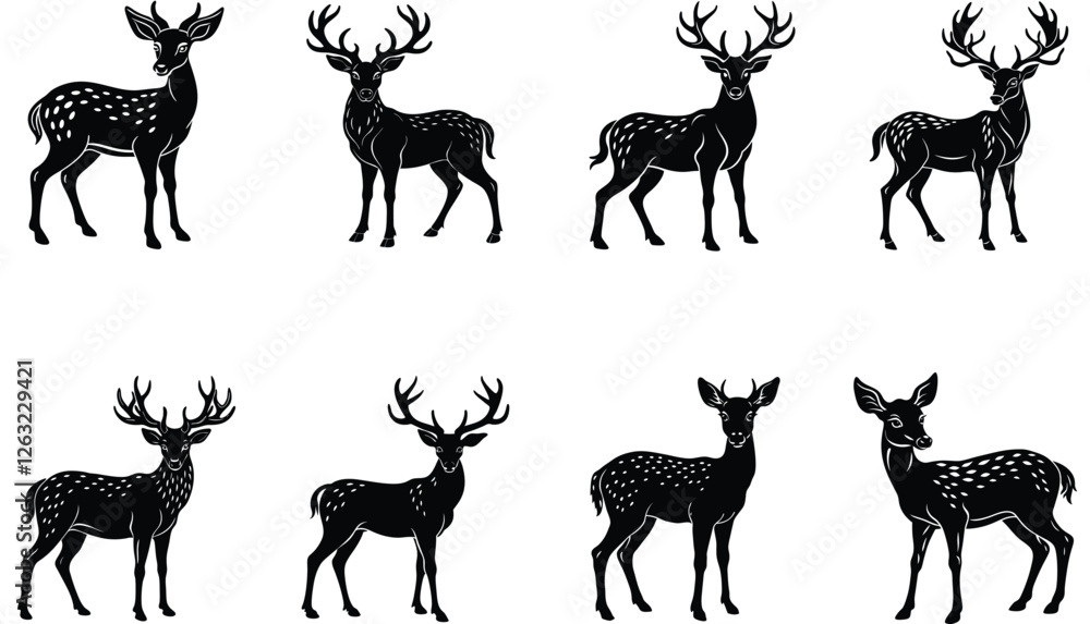 Fototapeta premium Graphic black silhouettes of wild deer