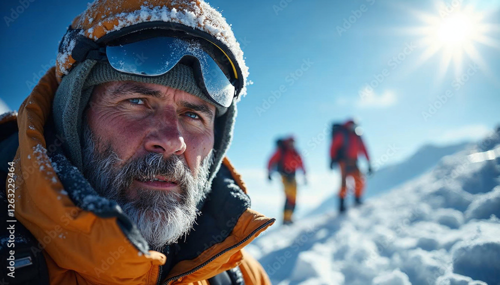 Fototapeta premium Frost-covered mountaineer at Everest summit, exuding determination and triumph.