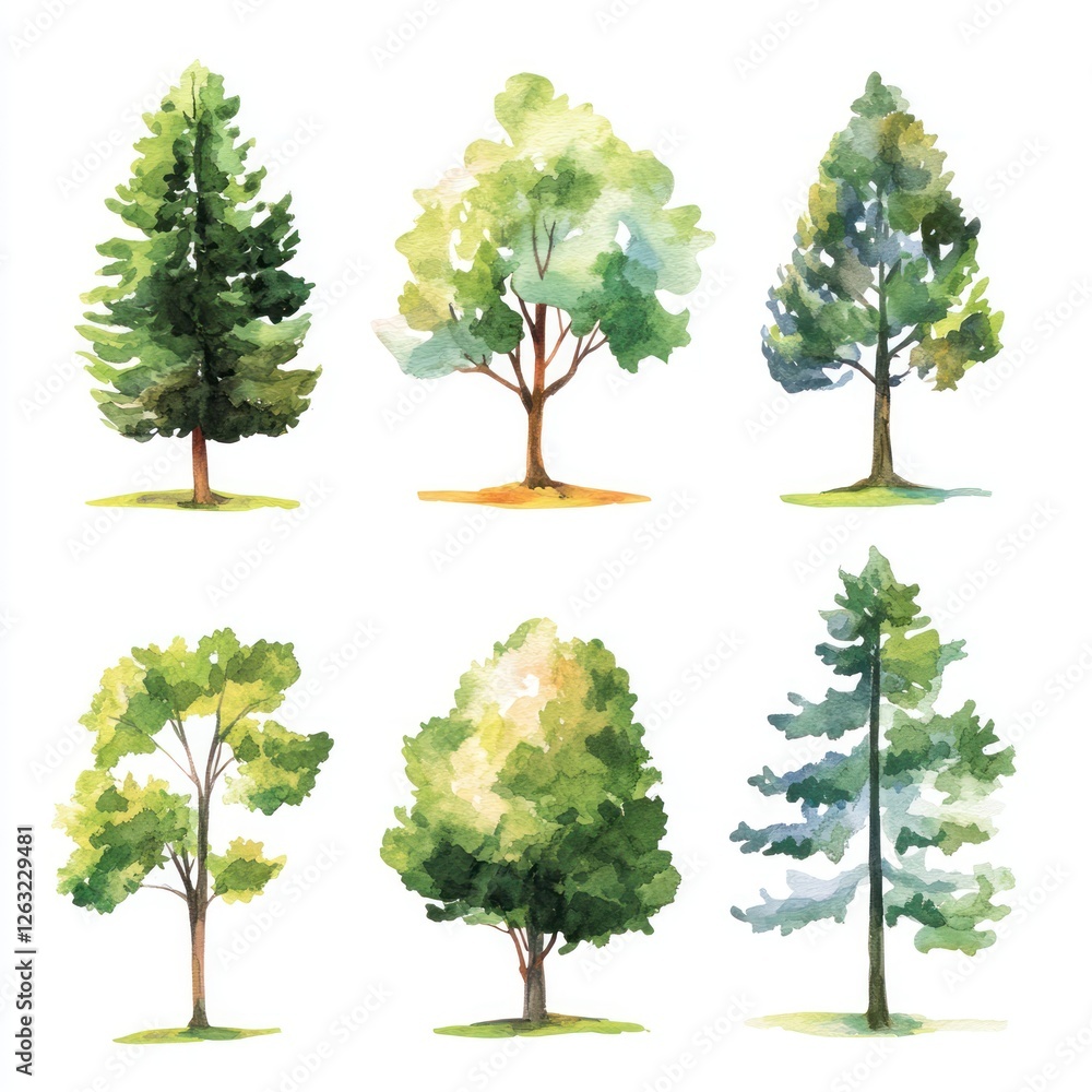 Fototapeta premium Watercolor Paintings Of Six Different Types Of Trees