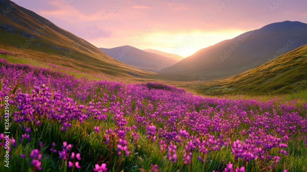 Fototapeta premium Sun-Kissed Mountain Meadow: A vibrant tapestry of wildflowers blossoms beneath a golden sunrise, painting a picturesque landscape in shades of pink, purple, and green.