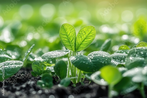 Young soybean sprouts with dewdrops, organic farming, sustainable agriculture.