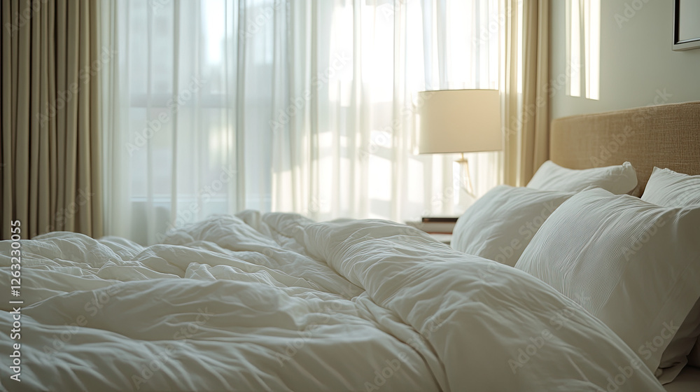 Soft White Bedding in Sunlit Modern Bedroom with Warm Atmosphere Soft White Bedding in Sunlit Modern Bedroom with Warm Atmosphere