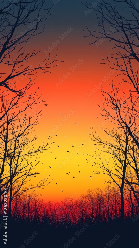 Silhouette trees stand against a vibrant sunset sky with birds Silhouette trees stand against a vibrant sunset sky with birds