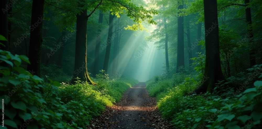 Obraz premium Dense foliage surrounds narrow path with misty veil, forest path, serene