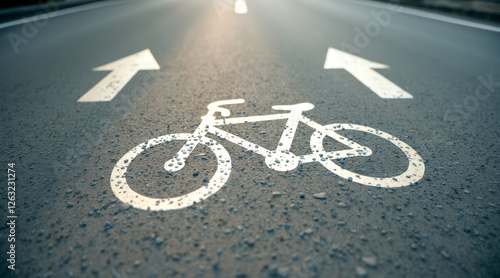 white bicycle symbol on asphalt road with directional arrows photo