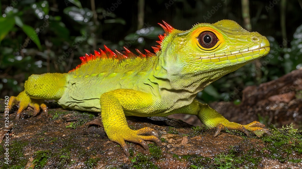 Obraz premium Vibrant Green Lizard with Spiky Red Crest in Lush Rainforest Setting