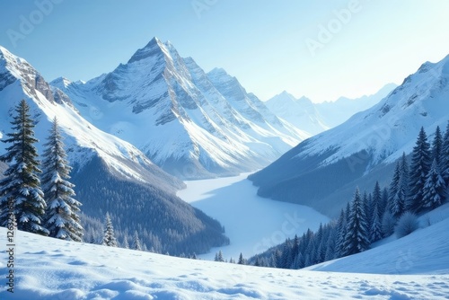 Frosty mountain peaks descend into valleys of snow and ice, Cold Weather, Mountainous, Serene