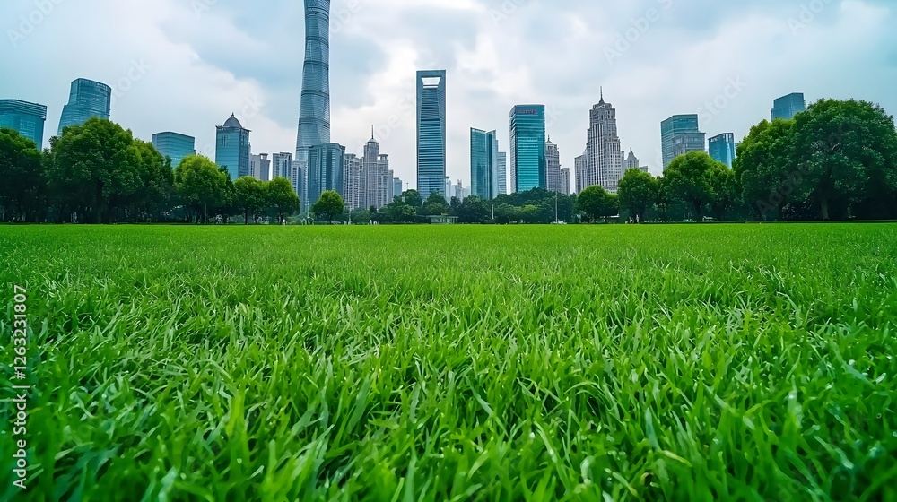 Fototapeta premium Lush Green Grass with Urban Skyline and Dramatic Cloudy Sky