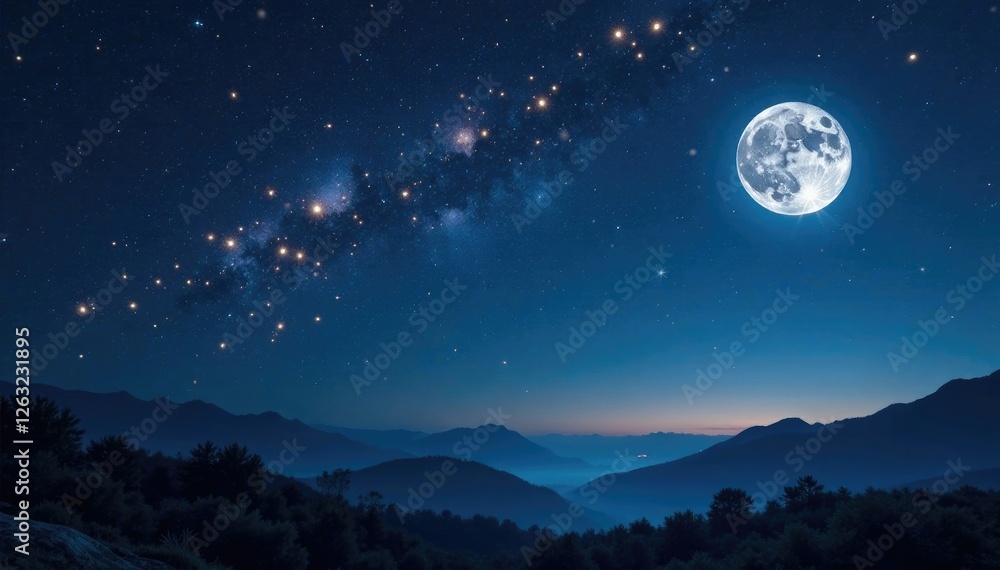 Golden stars shining in the midnight sky with silver moonlight and blue night, stars, night Golden stars shining in the midnight sky with silver moonlight and blue night, stars, night