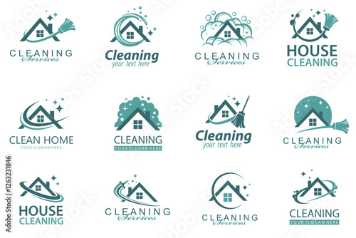 collection of cleaning service design with house isolated on white background