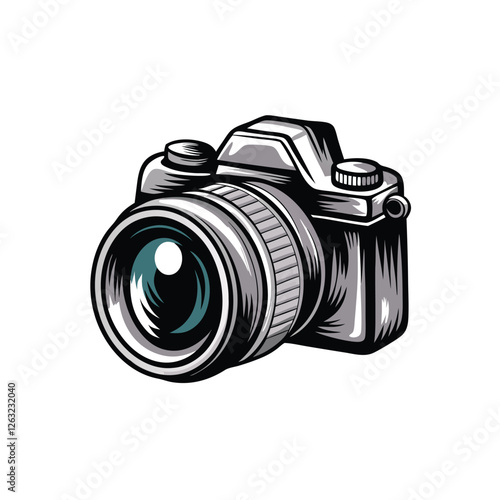 Create a clean, editable vector illustration of a camera with a detailed lens, suitable for various applications.  Ensure sharp lines and easily adjustable stroke weight.