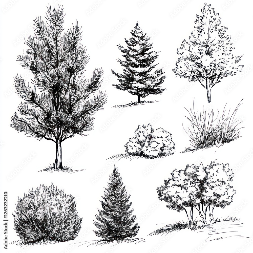 Fototapeta premium Ink Drawings of Various Trees and Shrubs