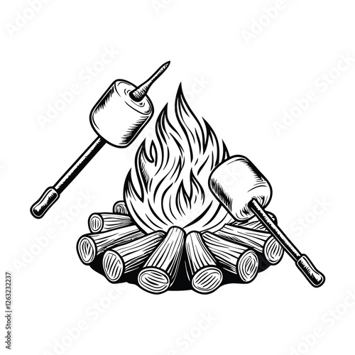 Editable vector illustration of a campfire with a pot cooking marshmallows. Perfect for campfire designs, camping, cooking, and outdoor activities.