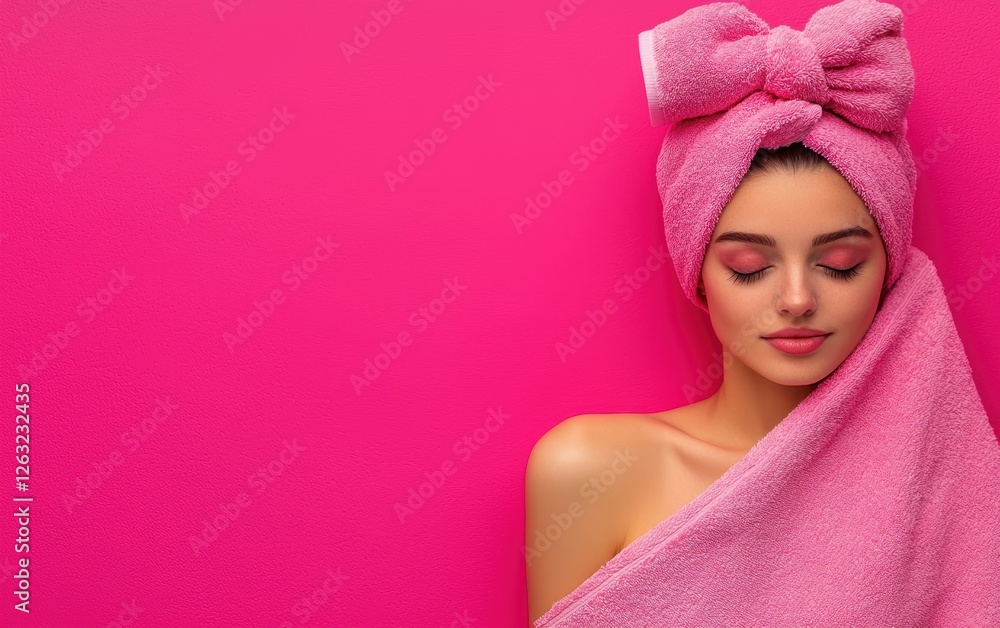 Woman relax in SPA wrapped in a soft towel. Bright pink background. top view Woman relax in SPA wrapped in a soft towel. Bright pink background. top view