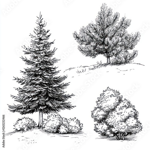 Ink Drawings of Coniferous and Deciduous Trees and Shrubs