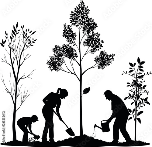 Minimalistic Black Silhouette of People Planting Trees Concept | Environmental Conservation and Sustainability Vector Illustration | Hand-Drawn Depiction of Earth Care, Green Initiatives, and Eco-Frie